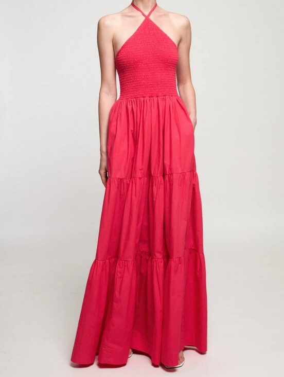 S/W/F Dresses & Skirts - NEW S/W/F Diamond Tiered Maxi Dress Smocked Halter Size Small Pink Rosado